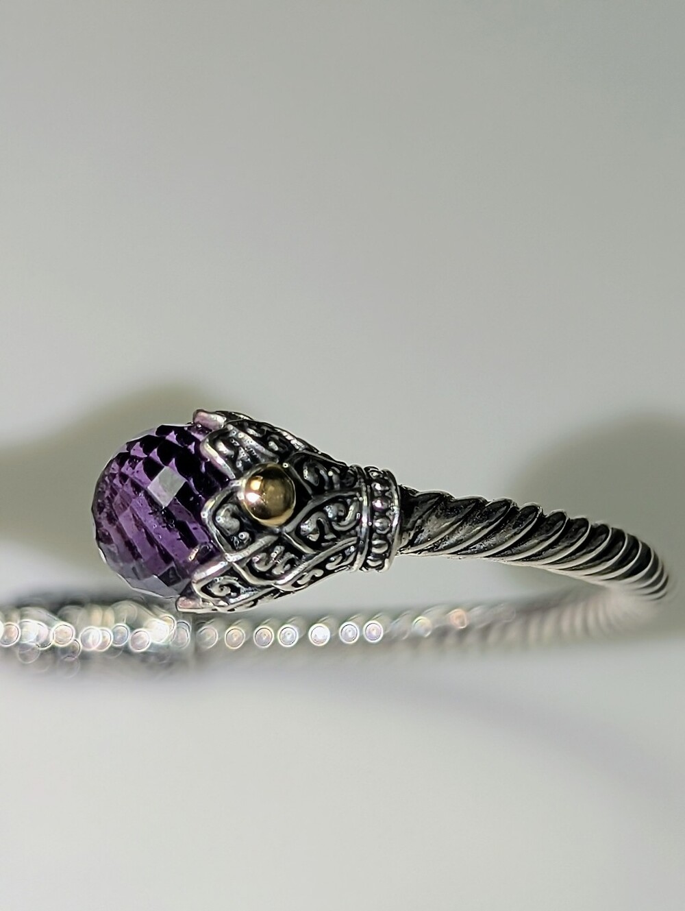 Faceted Amethyst Sterling Silver Bali Hinge Cuff with 18K Gold Accents - Picture 7 of 14